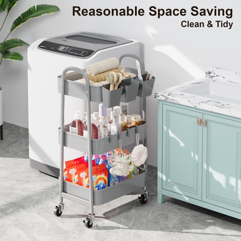 Recximi 3 Tier Gray Metal Rolling Cart, Mesh Storage Cart with Handle and Lockable Wheels, Multifunctional Three Tiered Utility Organizer Carts for Kitchen, Office, Bathroom, Craft, Art, Snack, Baby Supplies - Image 2
