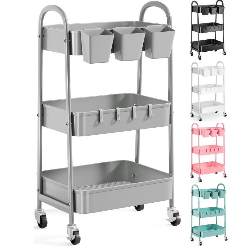 Recximi 3 Tier Gray Metal Rolling Cart, Mesh Storage Cart with Handle and Lockable Wheels, Multifunctional Three Tiered Utility Organizer Carts for Kitchen, Office, Bathroom, Craft, Art, Snack, Baby Supplies - Image 1