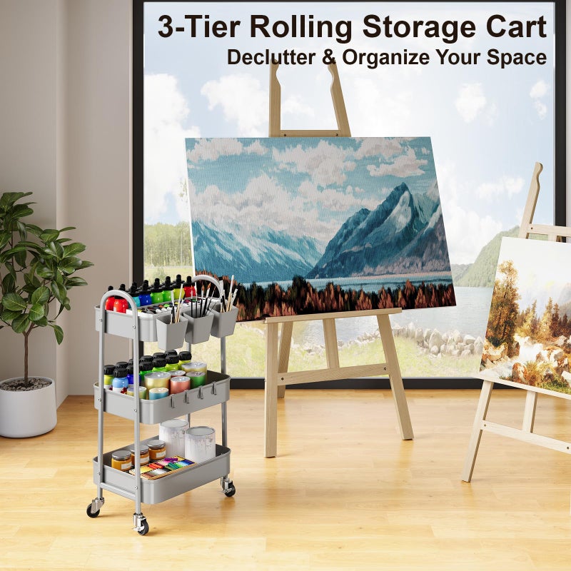 Recximi 3 Tier Gray Metal Rolling Cart, Mesh Storage Cart with Handle and Lockable Wheels, Multifunctional Three Tiered Utility Organizer Carts for Kitchen, Office, Bathroom, Craft, Art, Snack, Baby Supplies - Image 5