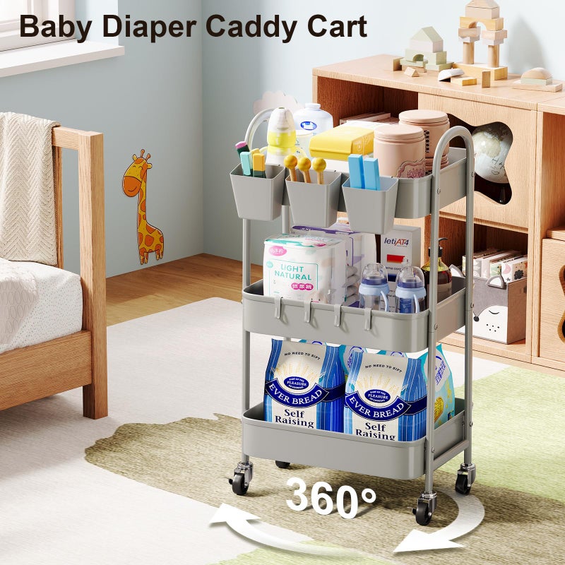 Recximi 3 Tier Gray Metal Rolling Cart, Mesh Storage Cart with Handle and Lockable Wheels, Multifunctional Three Tiered Utility Organizer Carts for Kitchen, Office, Bathroom, Craft, Art, Snack, Baby Supplies - Image 4