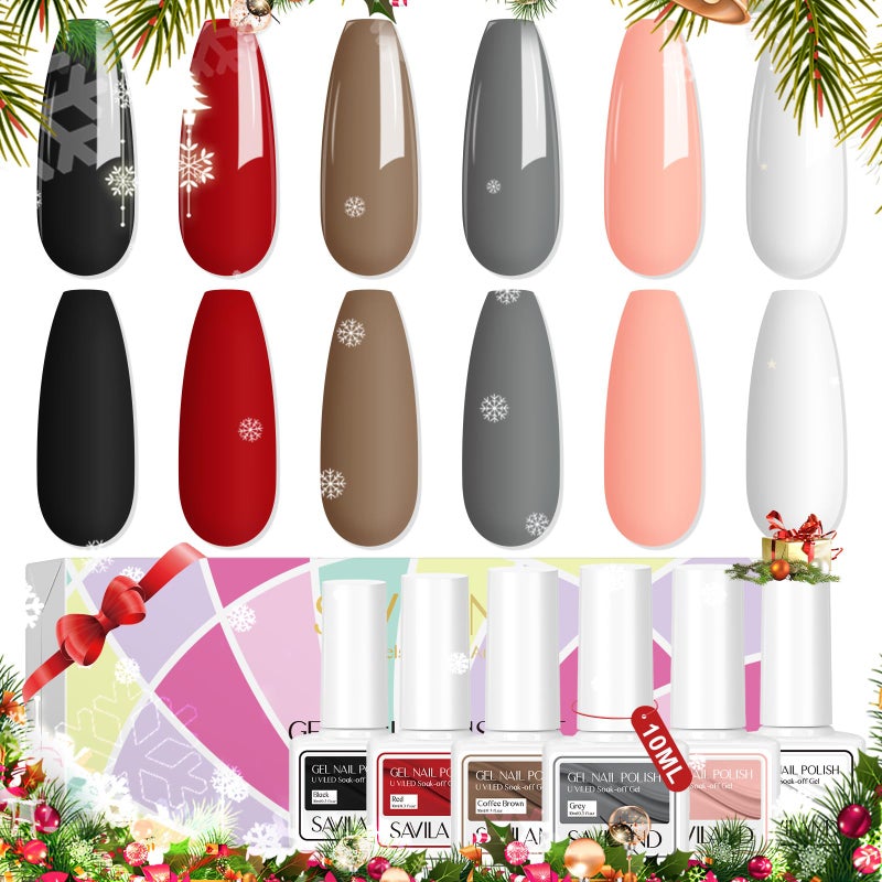 SAVILAND Gel Polish Set - 6 Colors 10ML Gel Nail Polish Christmas Red Black Gray Soak-off U V LED Nail Art Gel Polish Starter Set Vintage Color Collection for Gel Nail Salon DIY Home Gift Set - Image 1