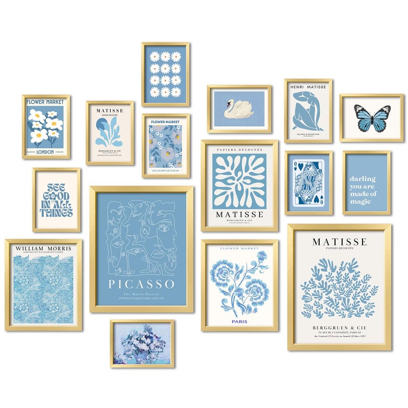 ANERZA 16 PCS Framed Blue Wall Art Decor, Matisse Wall Prints for Bedroom, Gallery Wall Frame Set, Minimalist Posters for Living Room Aesthetic, Collage Kit, Teen Girls Dorm Home Artwork - Image 1