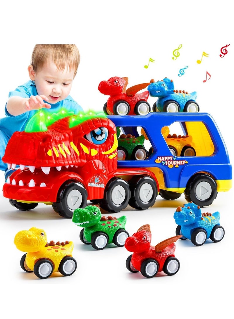 Beauenty Dinosaur Car Toys for Kids, 5-in-1 Dinosaur Vehicle Trucks Toys with Sounds  Lights, Transporter Toys Birthday Gift for Kids Age 3+ - Image 1