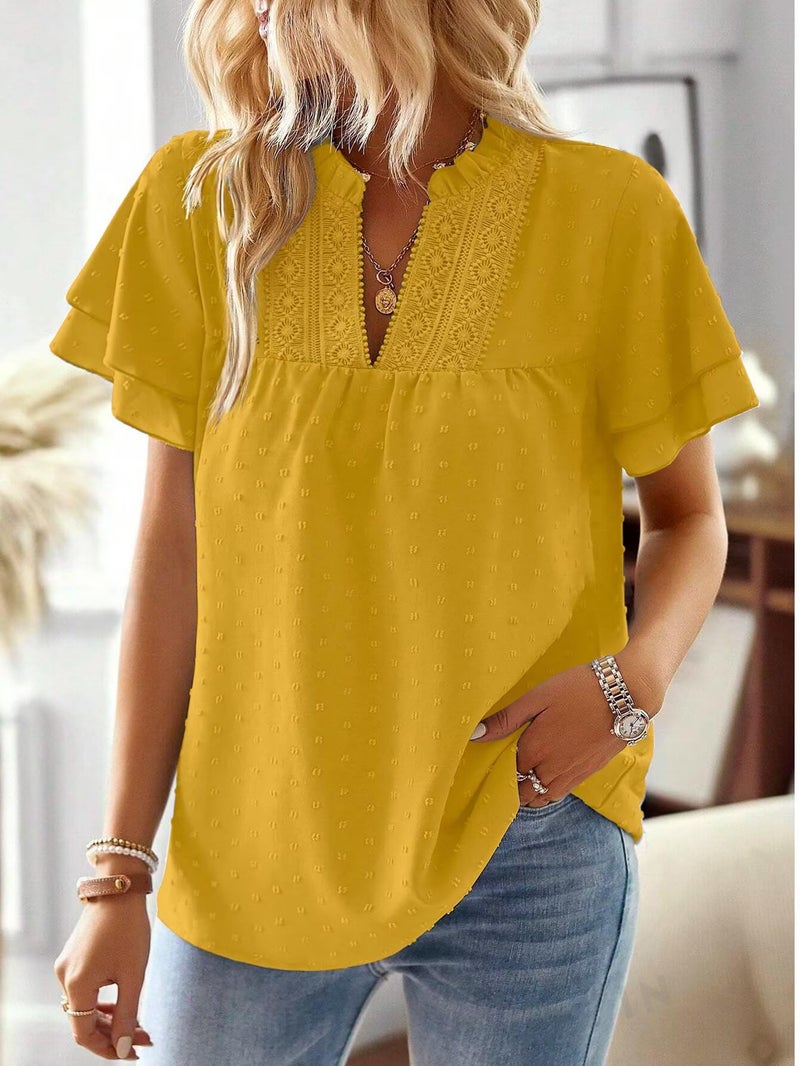 Falechay Womens Tops Dressy Casual Trendy V Neck Swiss Dot Top Western Office Work Short Sleeves Shirts Bohemian Blouse Business Butterfly Sleeve Blouses for Women Sexy Lace Edges Shirt Yellow M - Image 2