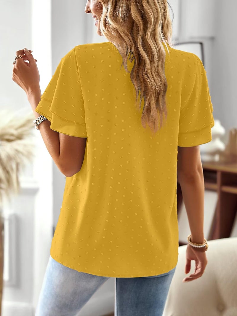 Falechay Womens Tops Dressy Casual Trendy V Neck Swiss Dot Top Western Office Work Short Sleeves Shirts Bohemian Blouse Business Butterfly Sleeve Blouses for Women Sexy Lace Edges Shirt Yellow M - Image 3