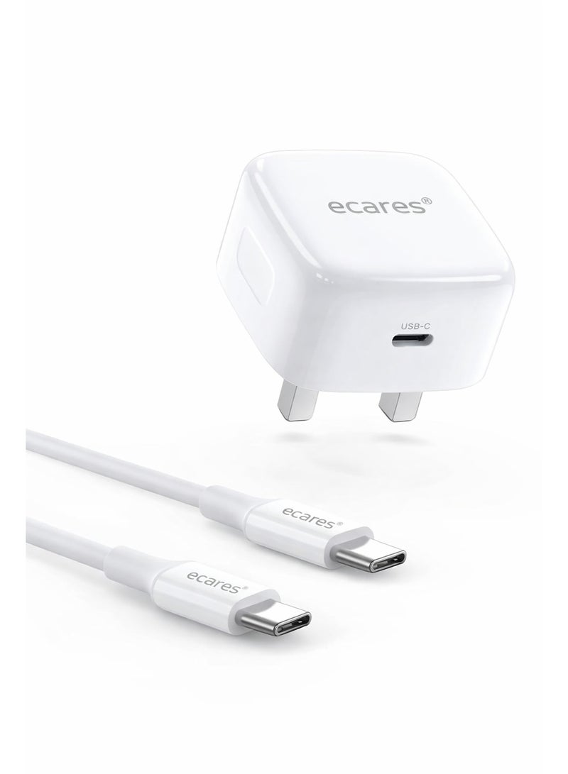 eCares® 20W USB-C Fast Charger with 1M USB-C to USB-C Cable, PD Type-C Wall Adapter UK 3-Pin Plug with Braided Charging Cord, Compatible with iPhone 15/16/17, Samsung Galaxy, iPad & More. - Image 1