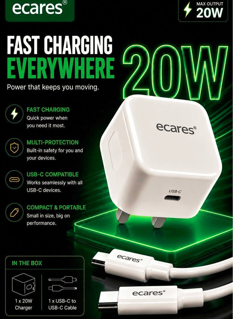 eCares® 20W USB-C Fast Charger with 1M USB-C to USB-C Cable, PD Type-C Wall Adapter UK 3-Pin Plug with Braided Charging Cord, Compatible with iPhone 15/16/17, Samsung Galaxy, iPad & More. - Image 1