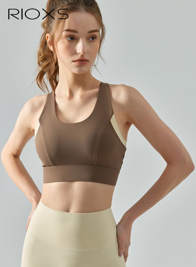 RIOXS Womens Y-Back Sports Bras, Breathable Push Up Scoop Neck Workout Crop Tank Top with Built in Pads, Stretch Yoga Bras Workout Crop Top for Running Hiking Riding, Dark Brown - Image 2