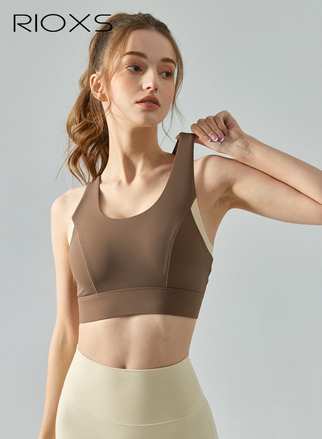 RIOXS Womens Y-Back Sports Bras, Breathable Push Up Scoop Neck Workout Crop Tank Top with Built in Pads, Stretch Yoga Bras Workout Crop Top for Running Hiking Riding, Dark Brown - Image 1