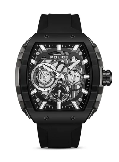 بوليس Men's Flash Men's 48mm Multifunction Watch with Black Layered Dial, IP Gun Case & Black Silicone Strap