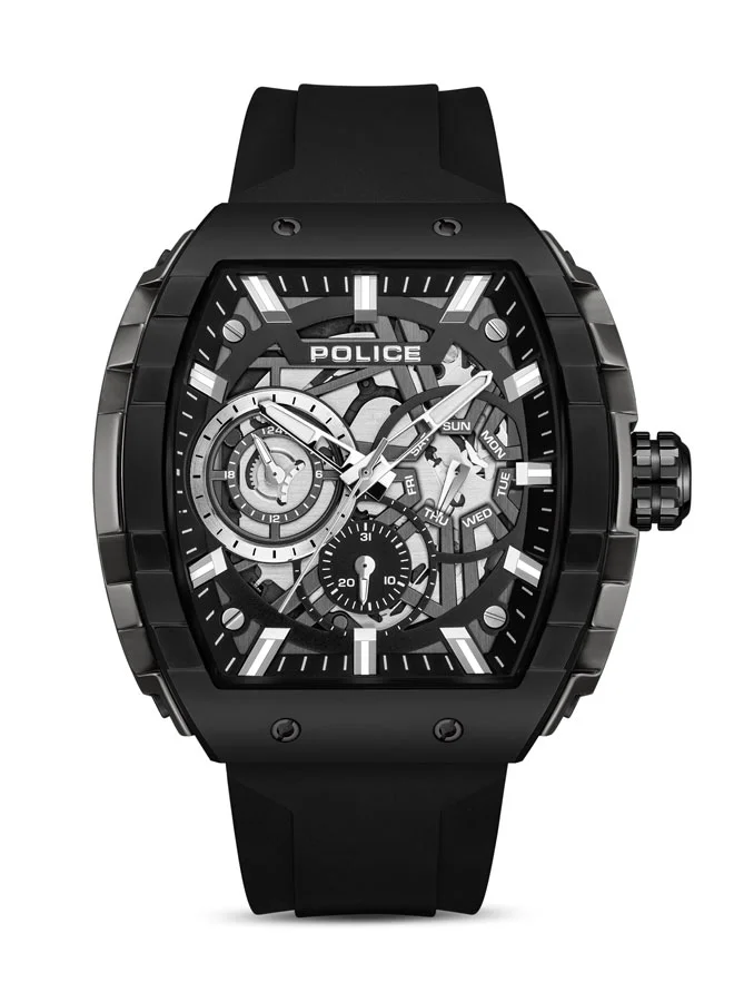 بوليس Men's Flash Men's 48mm Multifunction Watch with Black Layered Dial, IP Gun Case & Black Silicone Strap