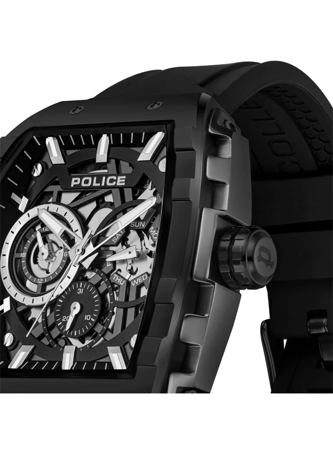 بوليس Men's Flash Men's 48mm Multifunction Watch with Black Layered Dial, IP Gun Case & Black Silicone Strap
