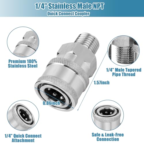 Ysglory 2 Sets NPT 1/4 Inch Pressure Washer Coupler Quick Connect Plug Stainless Steel Male and Female Quick Connect Fittings Pressure Washer Adapter Set (Internal Thread, External Thread) - Image 4