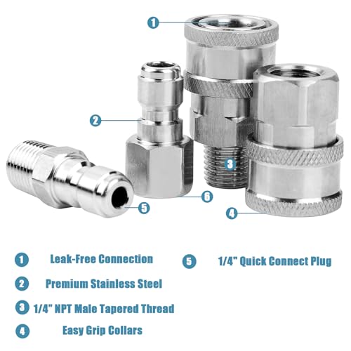 Ysglory 2 Sets NPT 1/4 Inch Pressure Washer Coupler Quick Connect Plug Stainless Steel Male and Female Quick Connect Fittings Pressure Washer Adapter Set (Internal Thread, External Thread) - Image 3