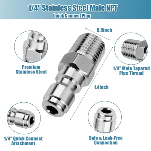 Ysglory 2 Sets NPT 1/4 Inch Pressure Washer Coupler Quick Connect Plug Stainless Steel Male and Female Quick Connect Fittings Pressure Washer Adapter Set (Internal Thread, External Thread) - Image 5