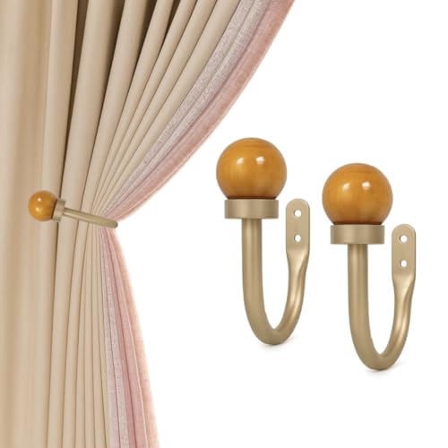 Colornest 2 Pcs Curtain Holdbacks | Metal Curtain Tiebacks with Wooden Ball Finials | Decorative Wall Mounted Drapery Holdback for Living Room, Bedroom – Silver - Image 1