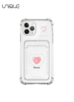 For iPhone 15 Pro Phone Case - Heart Pattern Phone Case - Graffiti Text Phone Case - Phone Case with Card Clip, Card Slot - Ultra Slim Anti-Drop Soft TPU Wallet Phone Case with Bumper - Transparent
