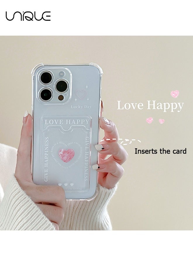 Unique - For iPhone 15 Pro Phone Case - Heart Pattern Phone Case - Graffiti Text Phone Case - Phone Case with Card Clip, Card Slot - Ultra Slim Anti-Drop Soft TPU Wallet Phone Case with Bumper - Transparent - Image 1