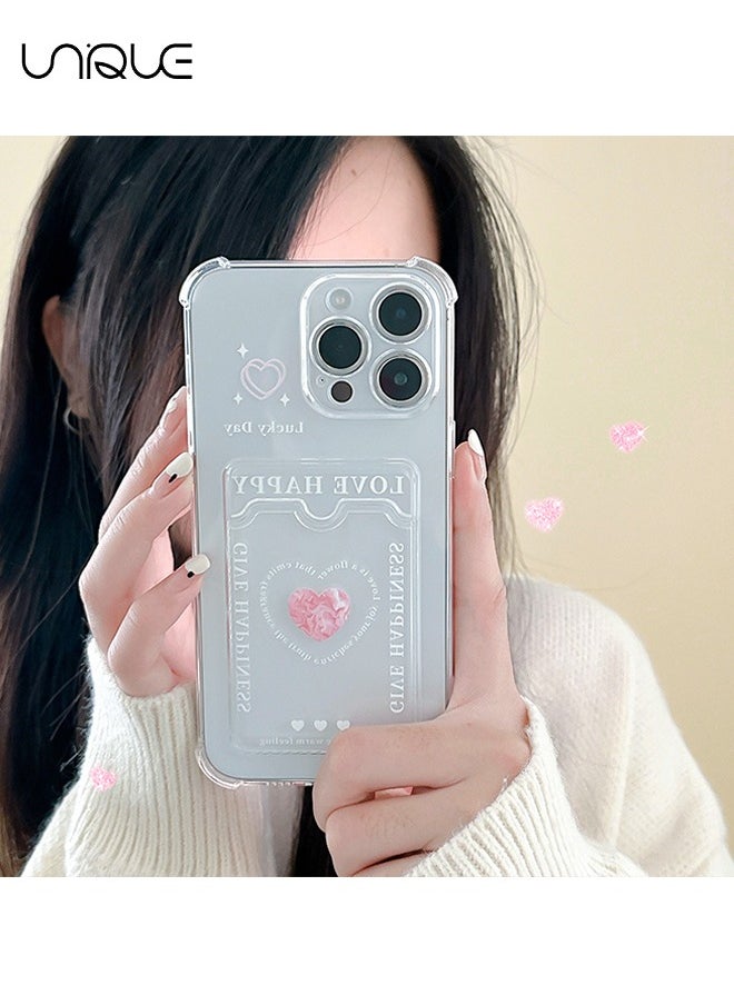 Unique - For iPhone 15 Pro Phone Case - Heart Pattern Phone Case - Graffiti Text Phone Case - Phone Case with Card Clip, Card Slot - Ultra Slim Anti-Drop Soft TPU Wallet Phone Case with Bumper - Transparent - Image 1