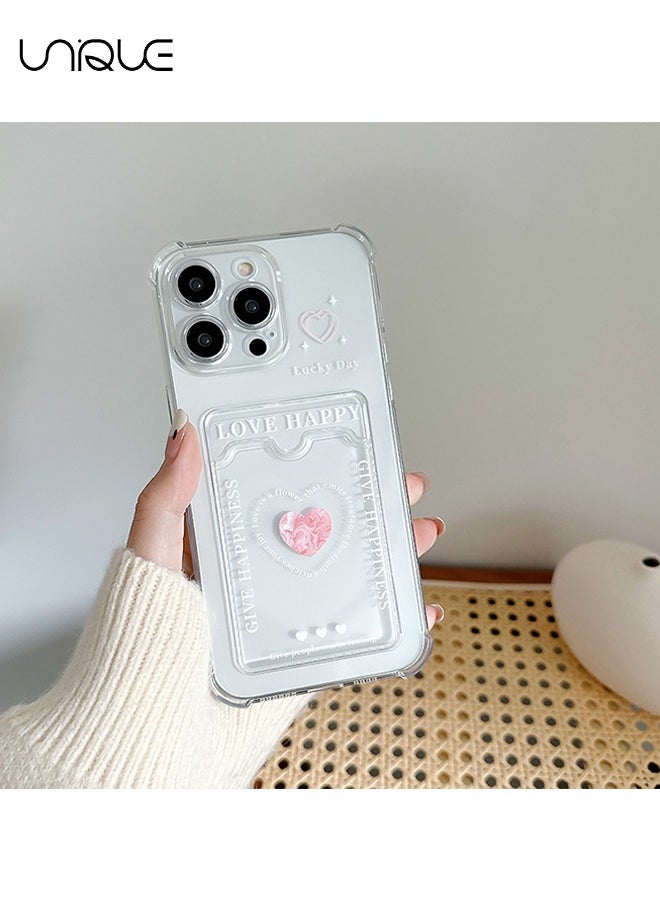 Unique - For iPhone 15 Pro Phone Case - Heart Pattern Phone Case - Graffiti Text Phone Case - Phone Case with Card Clip, Card Slot - Ultra Slim Anti-Drop Soft TPU Wallet Phone Case with Bumper - Transparent - Image 1