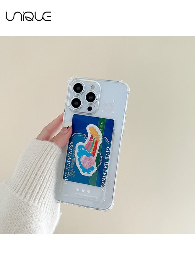 Unique - For iPhone 15 Pro Phone Case - Heart Pattern Phone Case - Graffiti Text Phone Case - Phone Case with Card Clip, Card Slot - Ultra Slim Anti-Drop Soft TPU Wallet Phone Case with Bumper - Transparent - Image 1