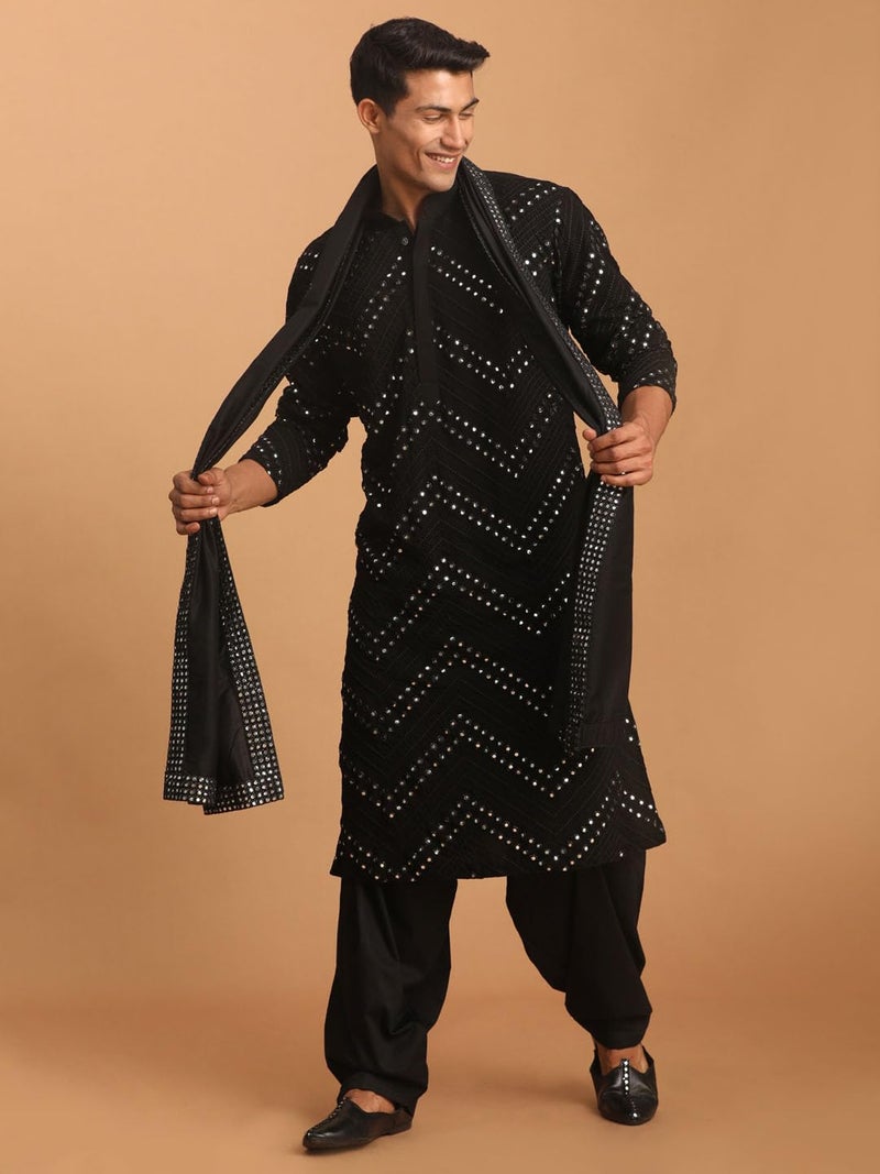 VASTRAMAY Men's Black Georgette Kurta and Patiala Set | Mirror work Black Georgette Kurta With Patiala and Dupatta - Image 2