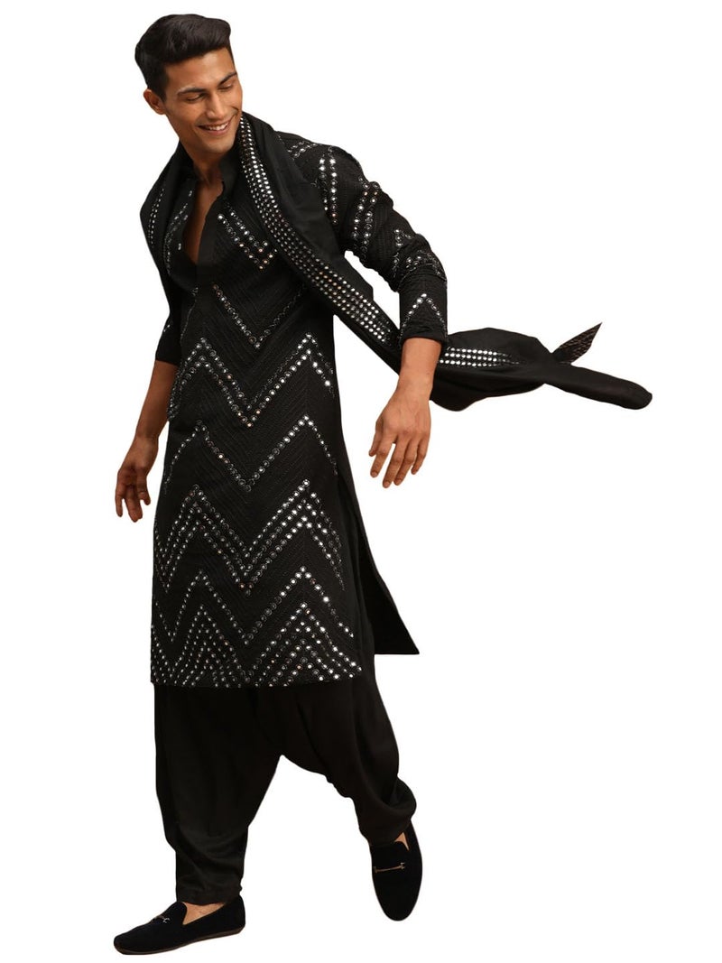 VASTRAMAY Men's Black Georgette Kurta and Patiala Set | Mirror work Black Georgette Kurta With Patiala and Dupatta - Image 1