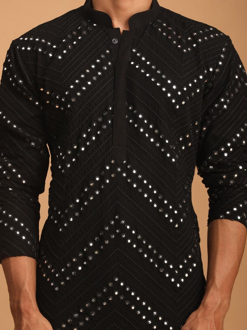 VASTRAMAY Men's Black Georgette Kurta and Patiala Set | Mirror work Black Georgette Kurta With Patiala and Dupatta - Image 4