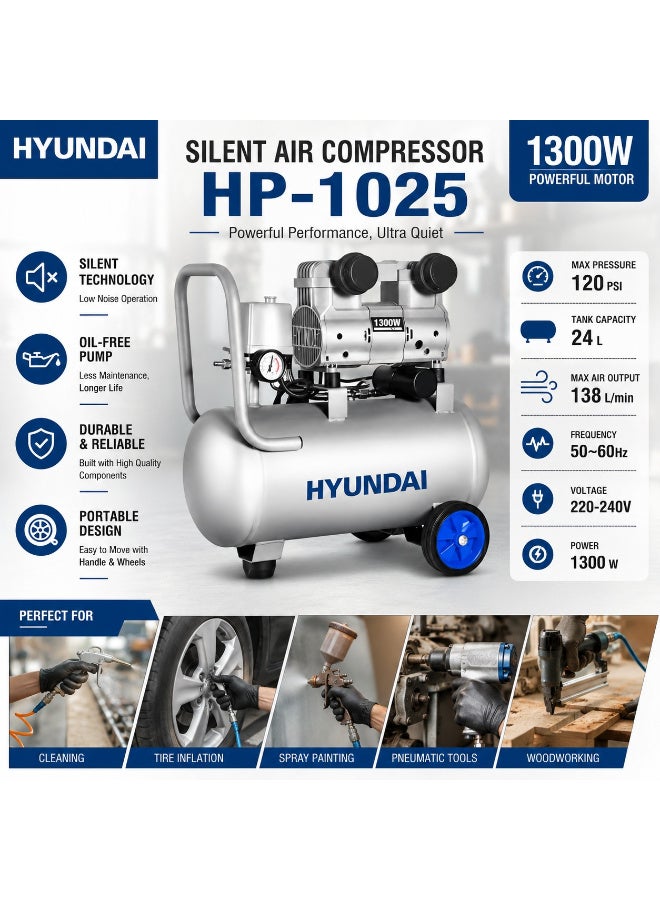 HYUNDAI Silent Air Compressor Hyundai    HY HP-1025 24L 1300W Oil-Free Low Noise Air Compressor 120 PSI - Image 2
