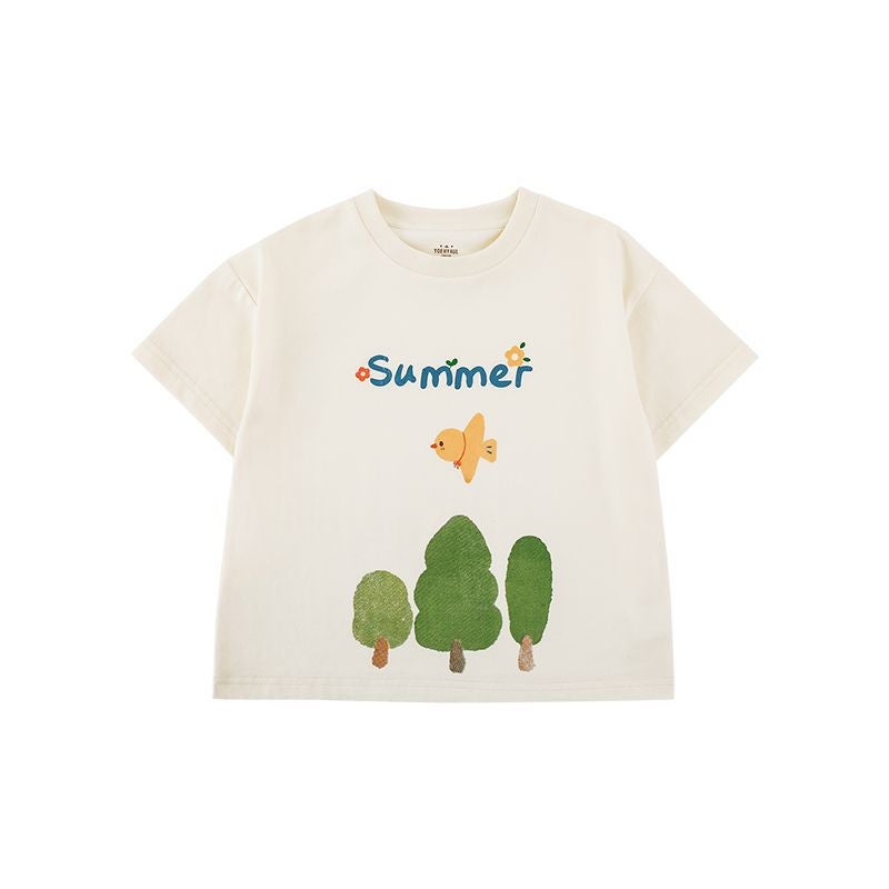 Wurib Girl's Little Tree Bird Short-sleeved T-shirt 2025 Summer Children's Cute Rib Collar Loose T-shirt - Image 1