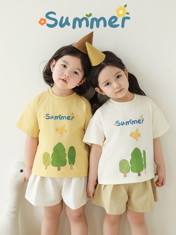 Wurib Girl's Little Tree Bird Short-sleeved T-shirt 2025 Summer Children's Cute Rib Collar Loose T-shirt - Image 4