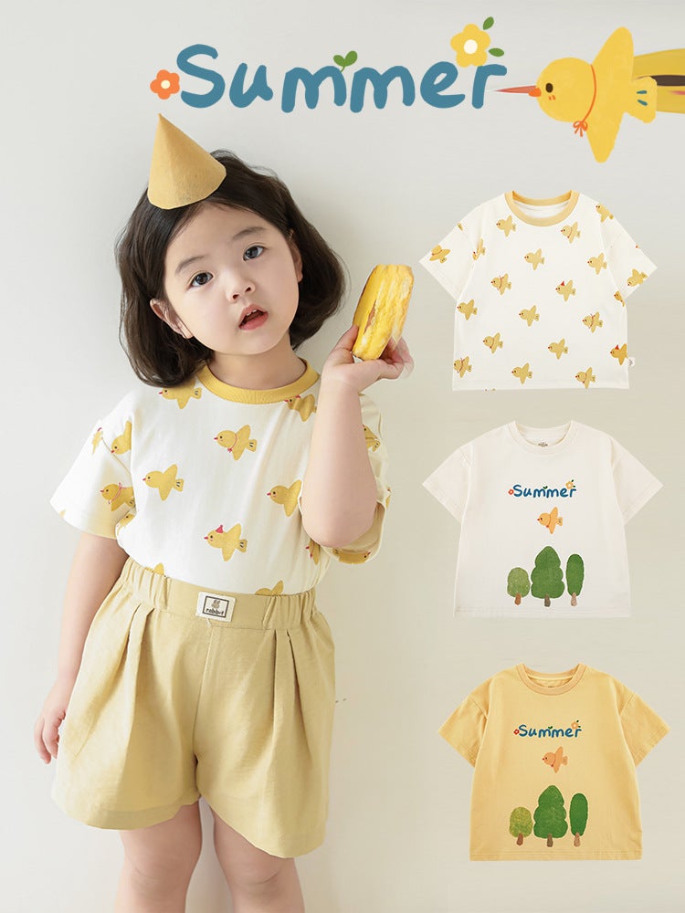 Wurib Girl's Little Tree Bird Short-sleeved T-shirt 2025 Summer Children's Cute Rib Collar Loose T-shirt - Image 3