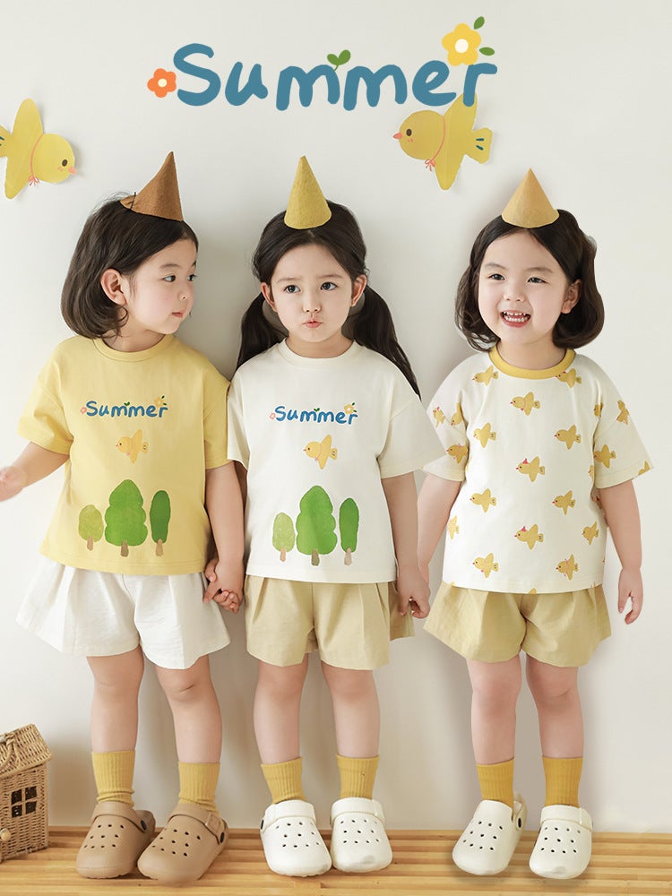 Wurib Girl's Little Tree Bird Short-sleeved T-shirt 2025 Summer Children's Cute Rib Collar Loose T-shirt - Image 2