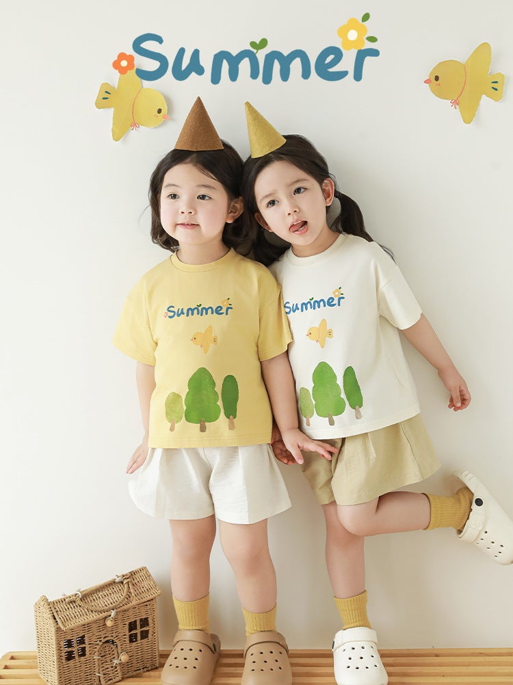 Wurib Girl's Little Tree Bird Short-sleeved T-shirt 2025 Summer Children's Cute Rib Collar Loose T-shirt - Image 5