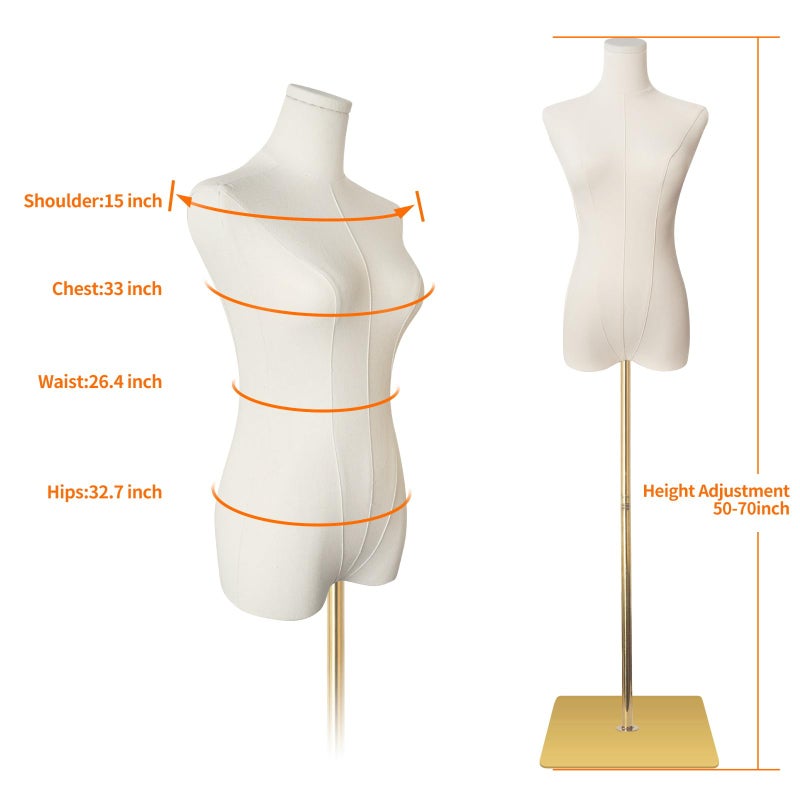 SHAREWIN Female Mannequin Torso Women Dress Forms for Sewing Manicanequin Body High Stability Gold Metal Stand for Clothing Dress Jewelry Display Adjustable Height 50â€-70â€ Thin Body - Image 5
