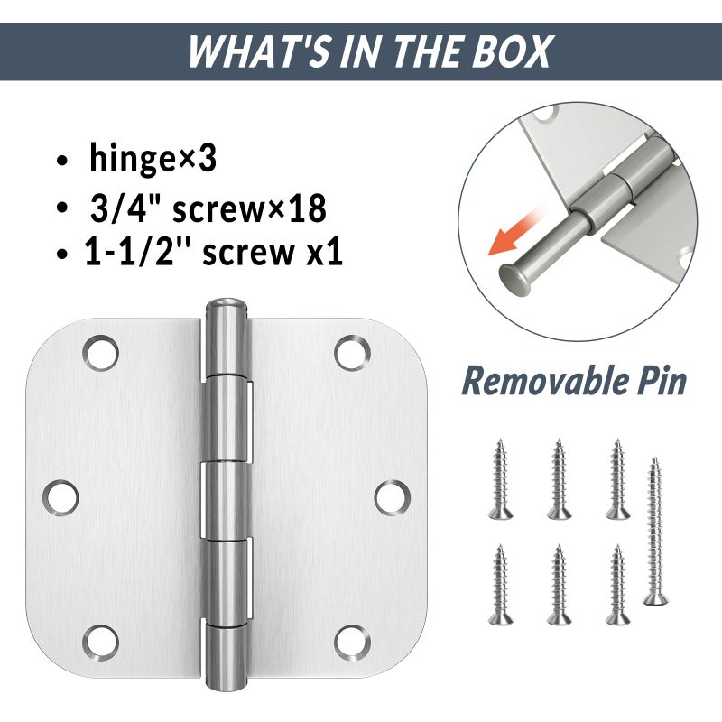 HOSOM 3 Pack Rounded Door Hinges Brushed Nickel 3.5 x 3.5 inch with 5/8 Radius Heavy Duty Satin Nickel 3 1/2 Interior Door Hinges, 3 Â½"x 3 Â½" Silver Door Hardware - Image 3