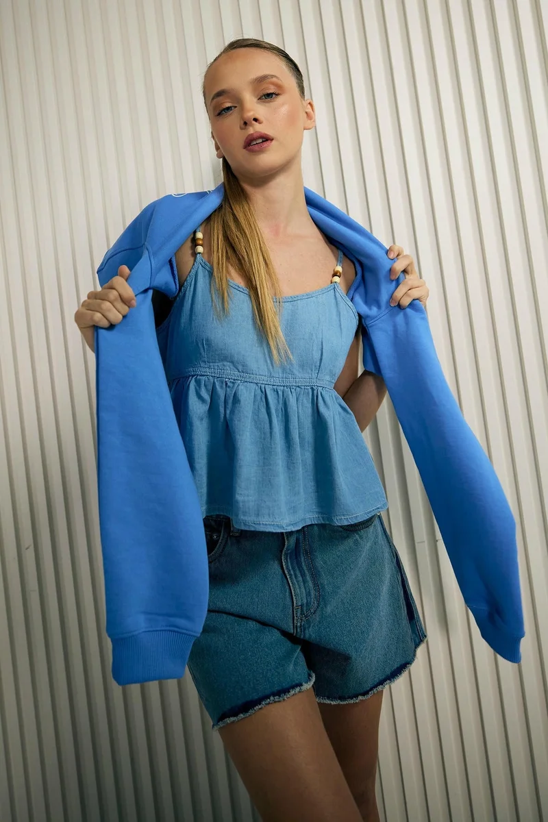 Virgio VIRGIO 100% Cotton Peplum Denim Cami Strappy Top