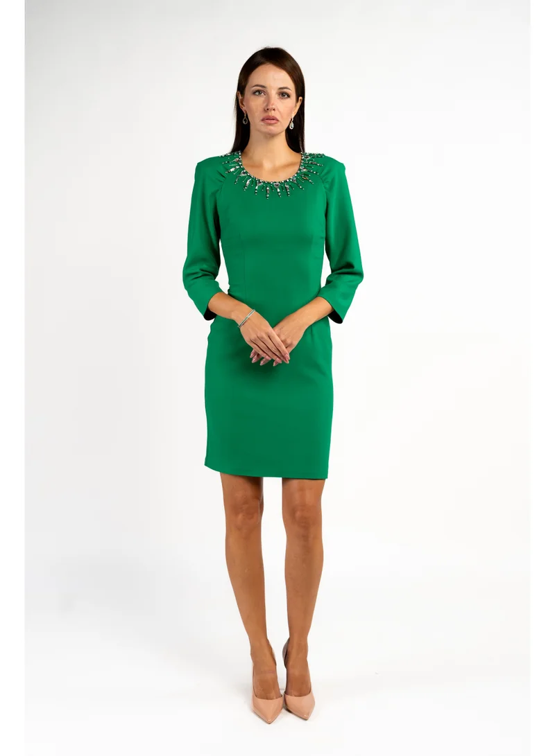 Fashonara Bottle Green Mini Length Party Dress with Crystal Embossing