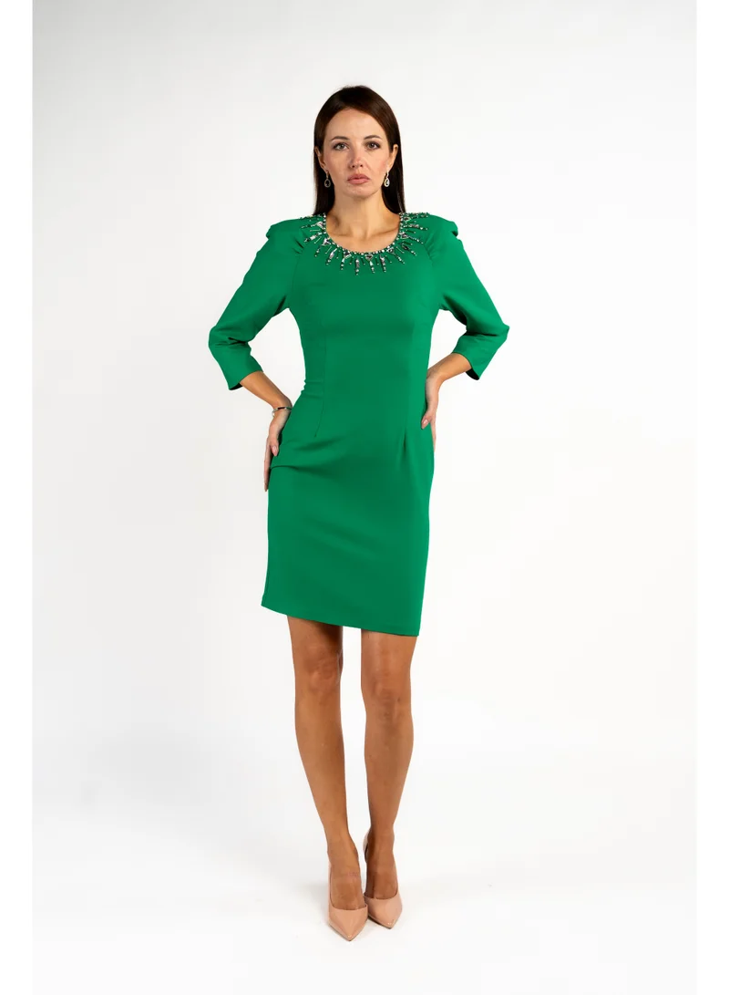 Fashonara Bottle Green Mini Length Party Dress with Crystal Embossing