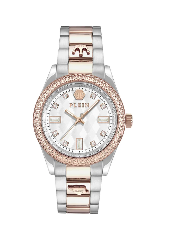 PHILIPP PLEIN Queen Women’s 38mm Rose Gold & Stainless Steel Quartz Watch with Diamond Pattern Dial, Crystal Indices & Regal Crown