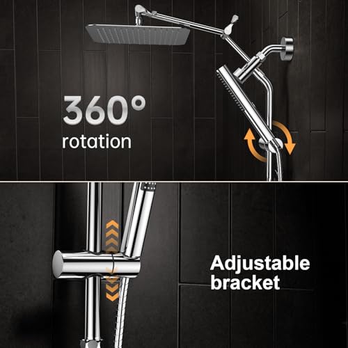 Veken 10" Luxurious All Metal Rain Shower Head with Handheld, High Pressure Rainfall Shower Heads wih Extension Arm, Wide Dual Showerhead with Spray Combo, Bathroom Accessories, Chrome, Silver - Image 3