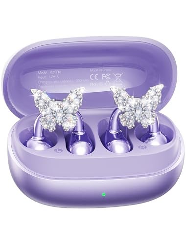 Kinglucky Gen2 ClipOn Earbuds with Butterfly Earrings Charge Store Without Removing Earrings Comfortable Fit 50H Playtime Bluetooth Open Ear Headphones for Women Small Ears Gifts Purple - Image 1