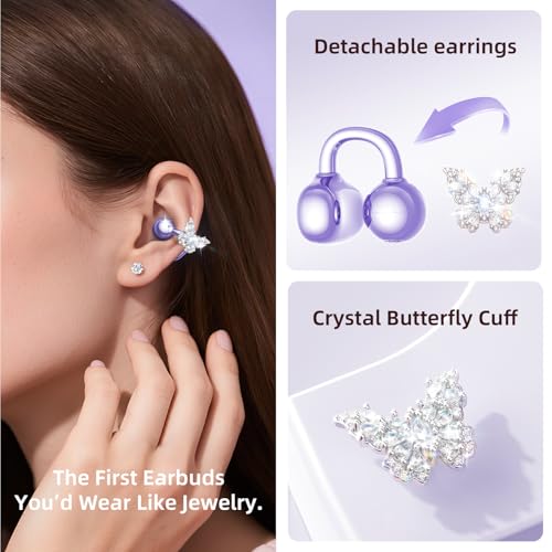 Kinglucky Gen2 ClipOn Earbuds with Butterfly Earrings Charge Store Without Removing Earrings Comfortable Fit 50H Playtime Bluetooth Open Ear Headphones for Women Small Ears Gifts Purple - Image 3