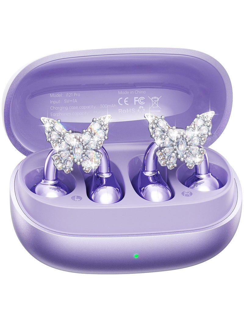 Kinglucky Gen2 ClipOn Earbuds with Butterfly Earrings Charge Store Without Removing Earrings Comfortable Fit 50H Playtime Bluetooth Open Ear Headphones for Women Small Ears Gifts Purple - Image 2