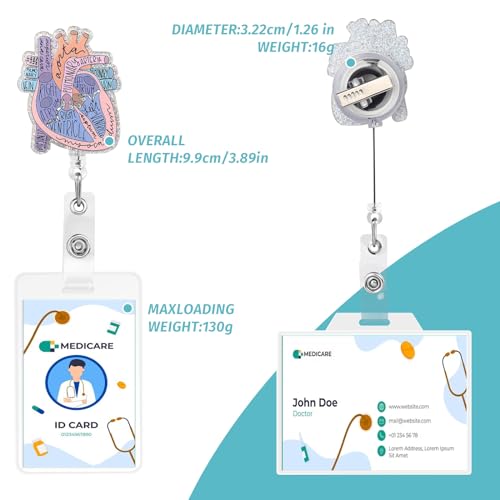 Dimeho Cardiac Badge Holder Heart Retractable Reel ID Card Clip Anatomy Funny Nurse Name Tag Holder Pediatrics Nursing Badge Clips for Doctor Student Teacher Office Clinic Medical Assistant - Image 3