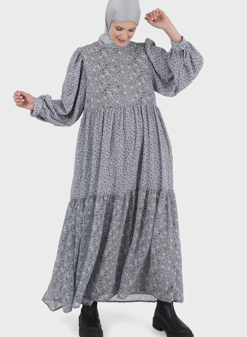 Benin by modanisa Balloon Sleeve Printed Tiered Dress