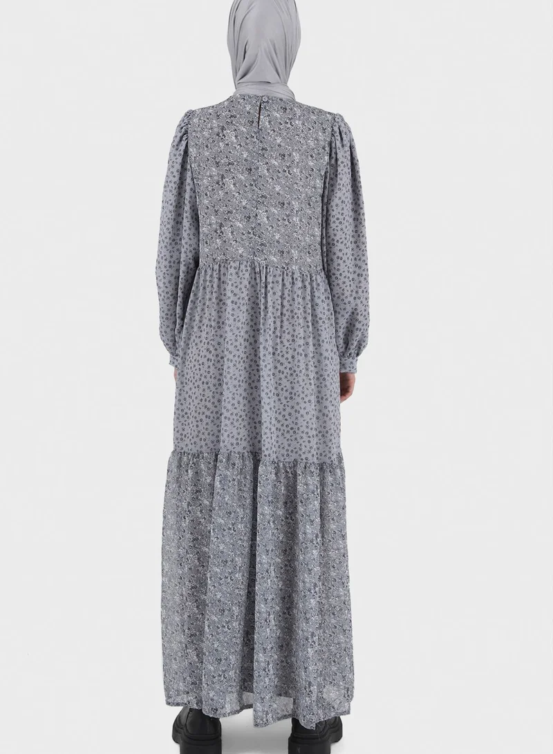 Benin by modanisa Balloon Sleeve Printed Tiered Dress