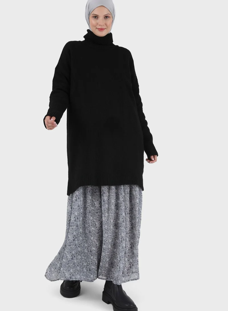 Benin by modanisa Balloon Sleeve Printed Tiered Dress