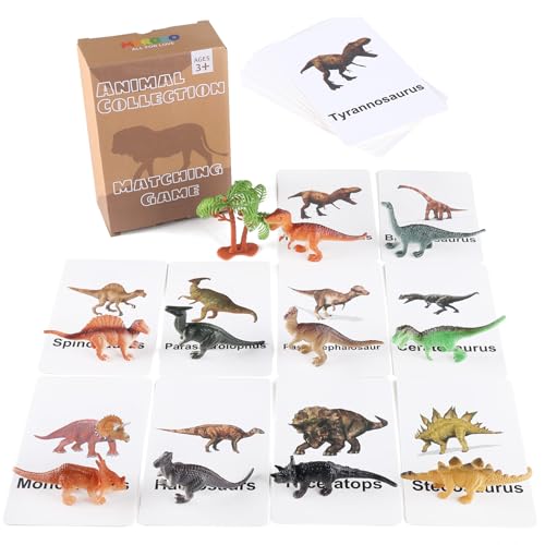 MEROCO Dinosaur Animal Flash Cards for Toddlers with Figurines Animal Matching Game Learning Cards Travel Game Preschool Learning Science Toys for Kids Plastic Materials - Image 1