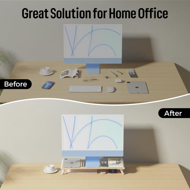 loukin Monitor Stand Riser for Desk, 22.4" x 8.3" Larger Computer Stand for Laptop, PC, Printer, Sturdy Desktop Computer Shelf with Non-Skid Rubber, Home Office, Natural Wood - Image 2